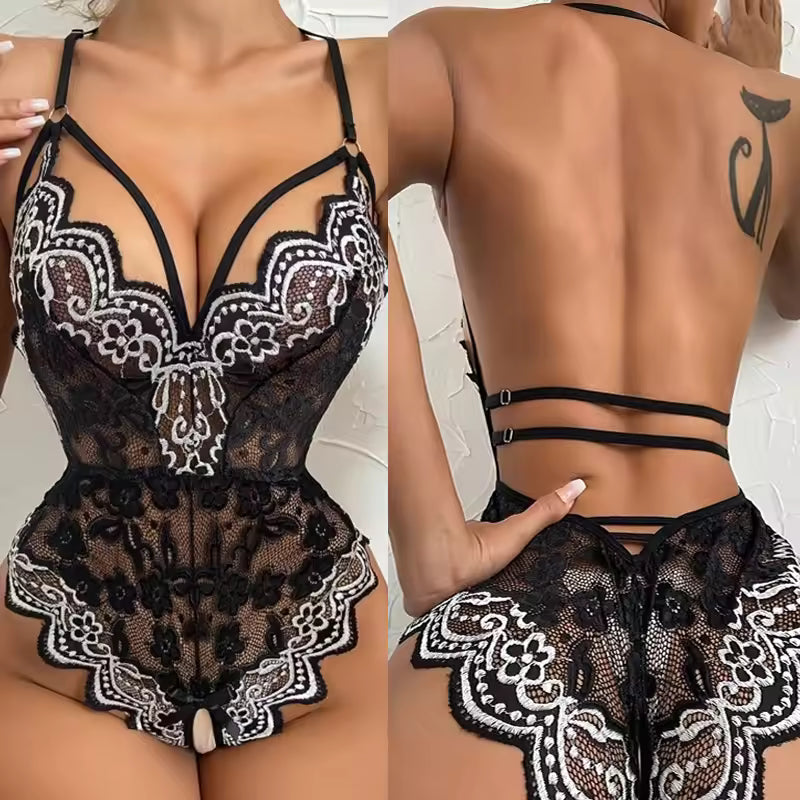 Sheer Lace Bodysuit Lingerie for Women | Open-Front Detail One-Piece Nightwear