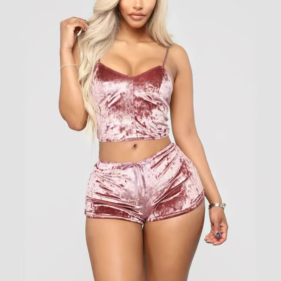 Women’s Velvet Pajama Set | 2-Piece Crop Top & Shorts Nightwear