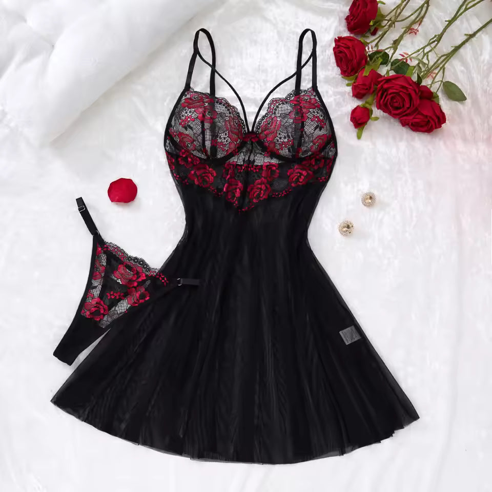 Floral Lace Babydoll Nightgown for Women | Sheer Strap Dress Sleepwear