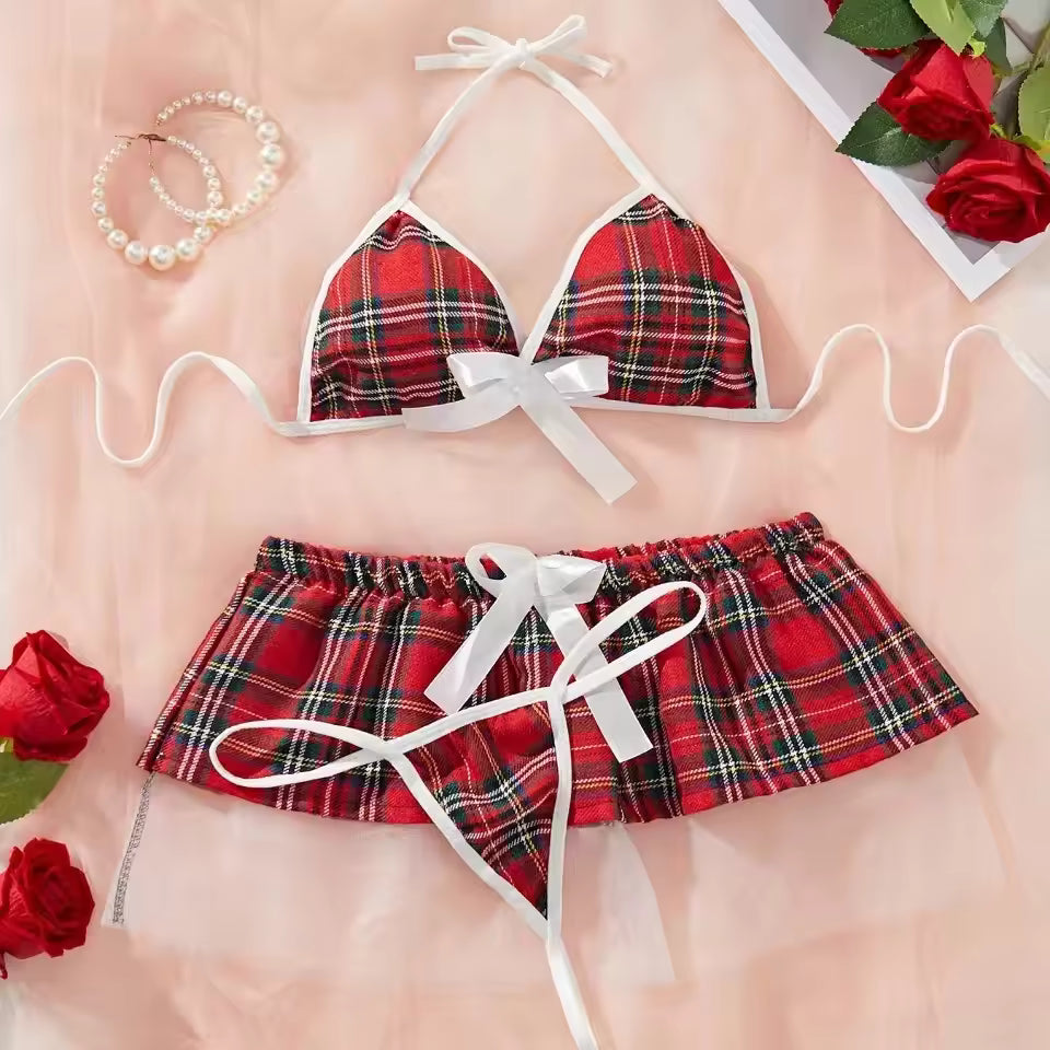 Plaid Cosplay Lingerie Set for Women | 2-Piece Babydoll Bra and Skirt