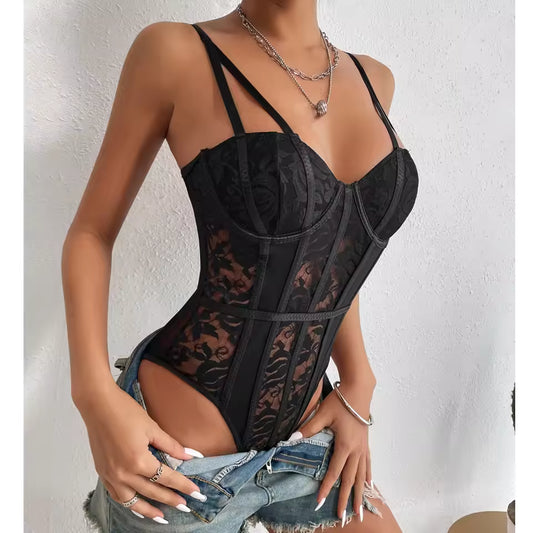 Women’s Lace Ribbed Bodysuit | Elegant Bodycon Top for Summer