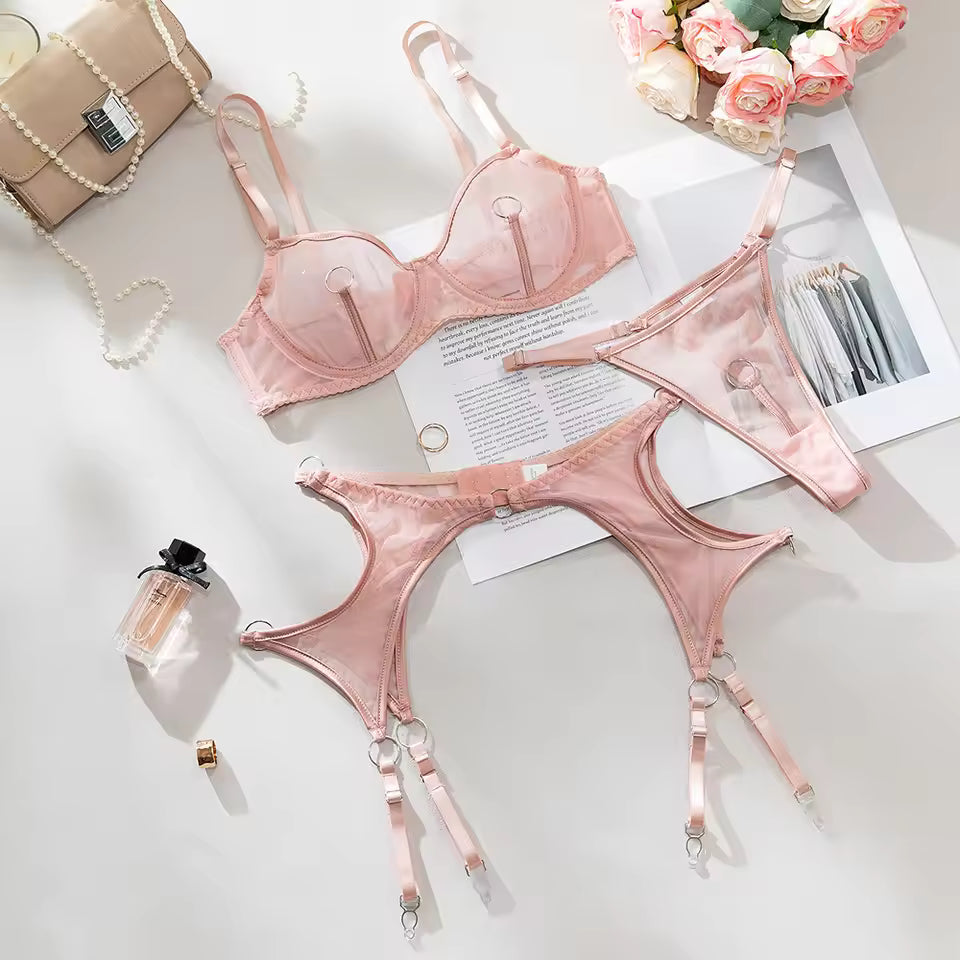 Mesh Lace Lingerie Set for Women | Sheer Bra and Brief with Ring Detail