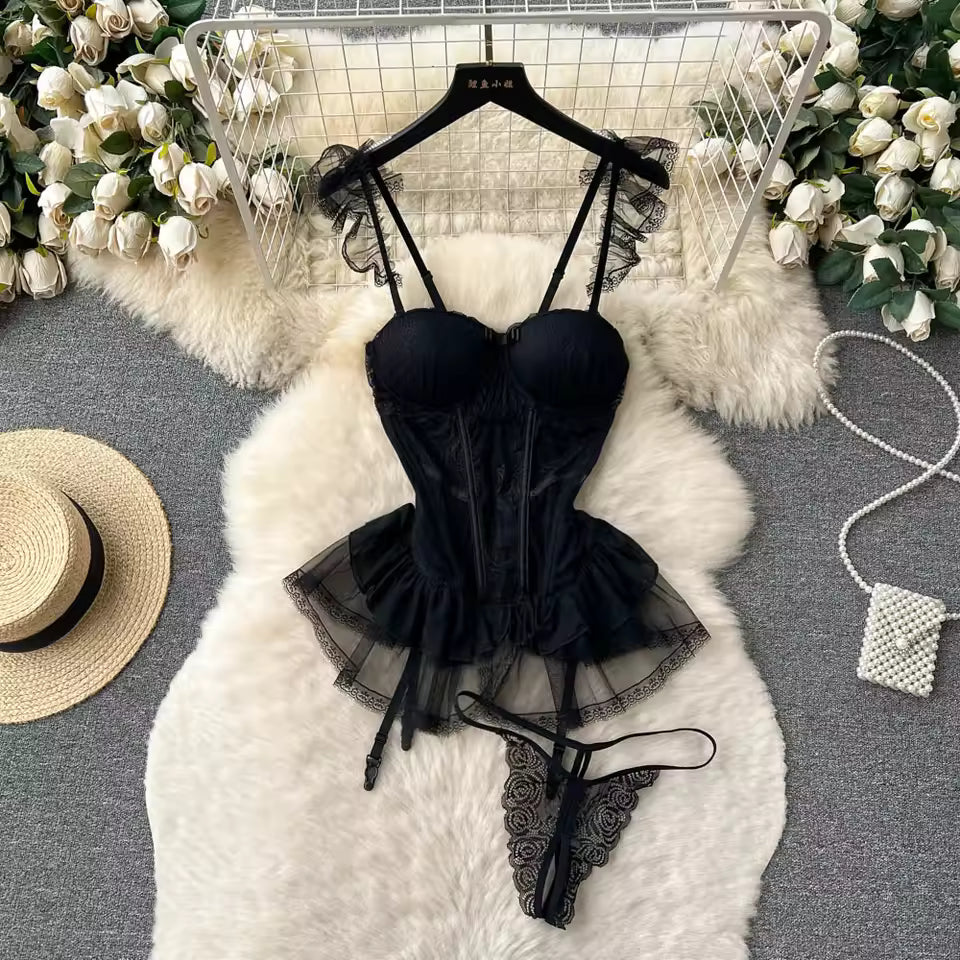 Lace Babydoll Lingerie Set for Women | Sheer Strap Detail Nightwear