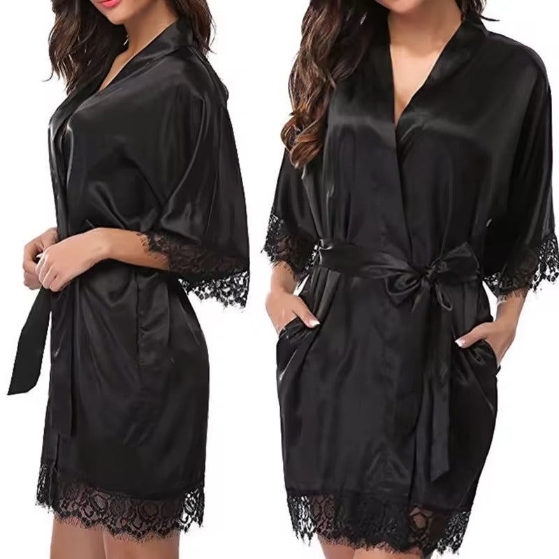 Women’s Satin Robe with Lace Trim – Elegant Silk-Look Pajama Sleepwear
