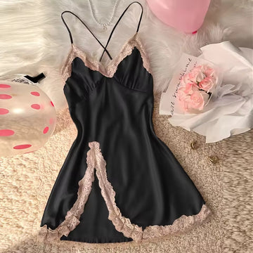 Women Satin Lace V-Neck Nightdress – Sexy Back Lounge Sleepwear