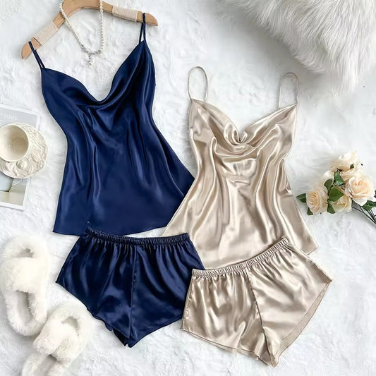Satin Pajama Set for Women – Soft Top and Shorts Sleepwear