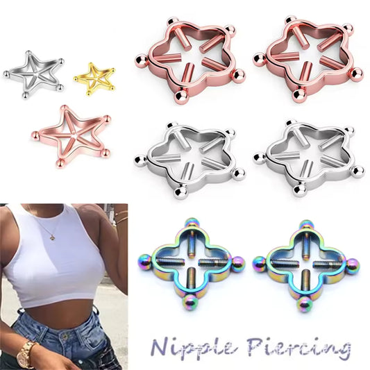 LustGlow™ Star & Flower Clip-On Body Jewelry Set On Nipple Rings (2PCS)