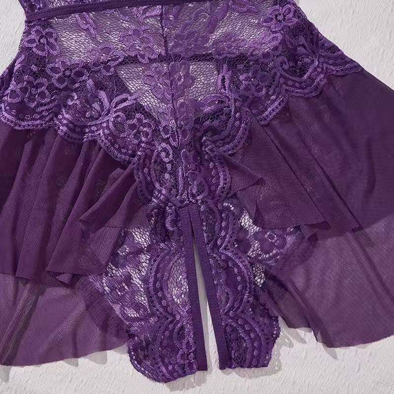 Sheer Lace Teddy Bodysuit for Women | Backless Halter Babydoll Nightwear