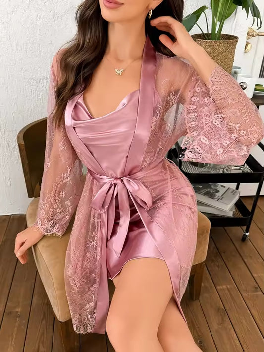 Satin Nightgown with Lace Robe – Women Two-Piece Sleepwear Set