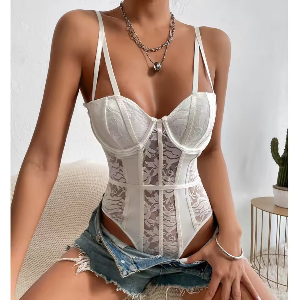 Women’s Lace Ribbed Bodysuit | Elegant Bodycon Top for Summer