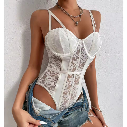 Women’s Lace Ribbed Bodysuit | Elegant Bodycon Top for Summer