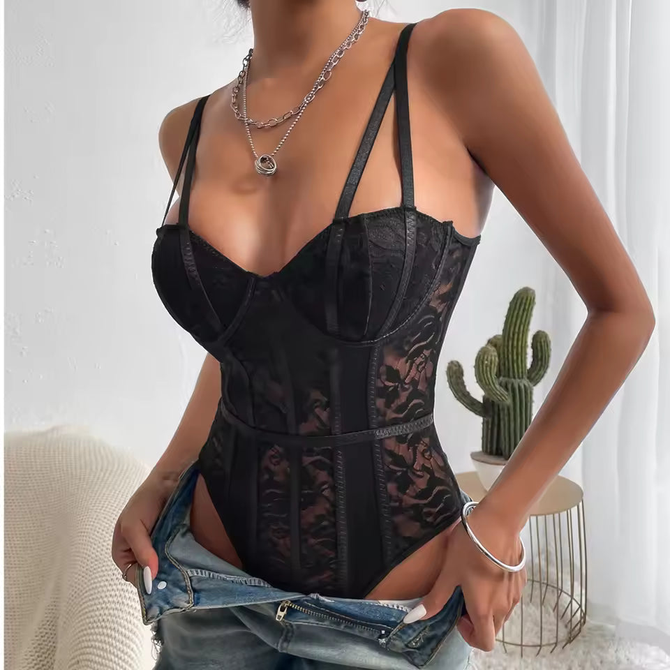 Women’s Lace Ribbed Bodysuit | Elegant Bodycon Top for Summer