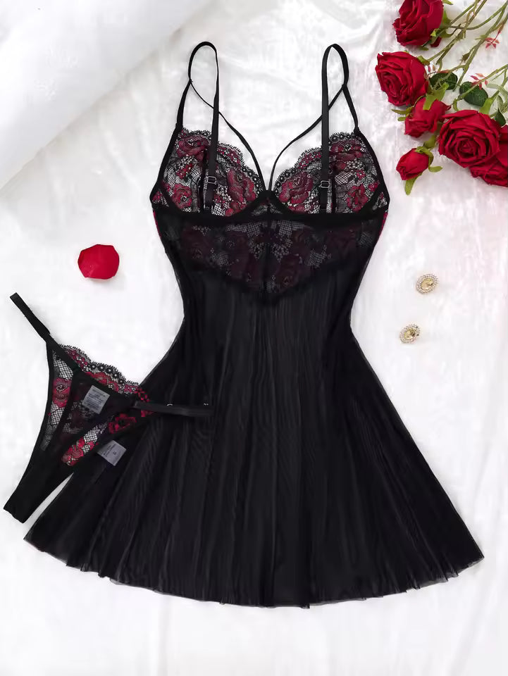 Floral Lace Babydoll Nightgown for Women | Sheer Strap Dress Sleepwear