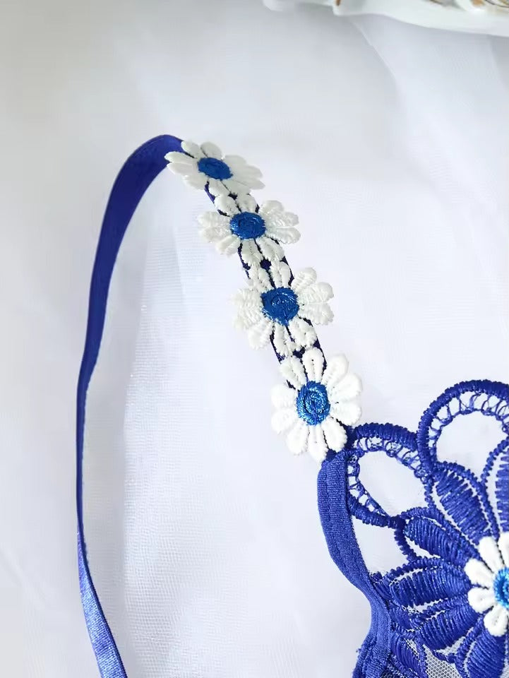 Blue Daisy Lace Lingerie Set | Women’s Bra & Thong Two-Piece Pajama Intimates