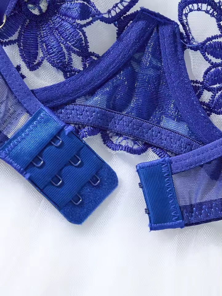 Blue Daisy Lace Lingerie Set | Women’s Bra & Thong Two-Piece Pajama Intimates