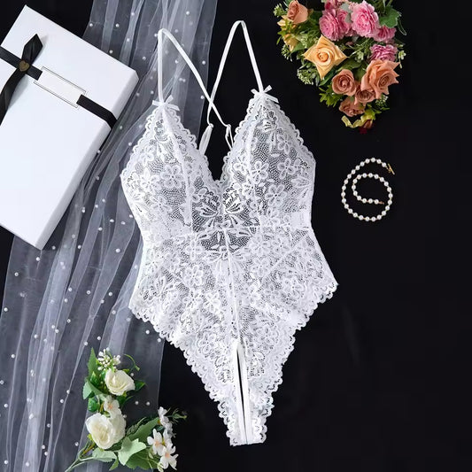White Embroidered Lace Lingerie Set | Sexy Bra &amp; Falafan Dress with Back Strap Design