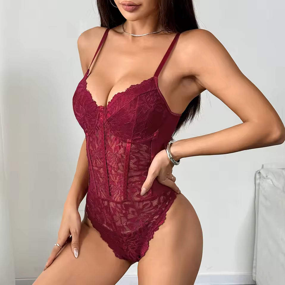 Women’s Lace Patchwork Bodysuit | Slim Spaghetti Strap Backless Bodycon Top