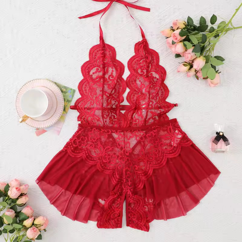 Sheer Lace Teddy Bodysuit for Women | Backless Halter Babydoll Nightwear