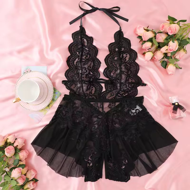Sheer Lace Teddy Bodysuit for Women | Backless Halter Babydoll Nightwear