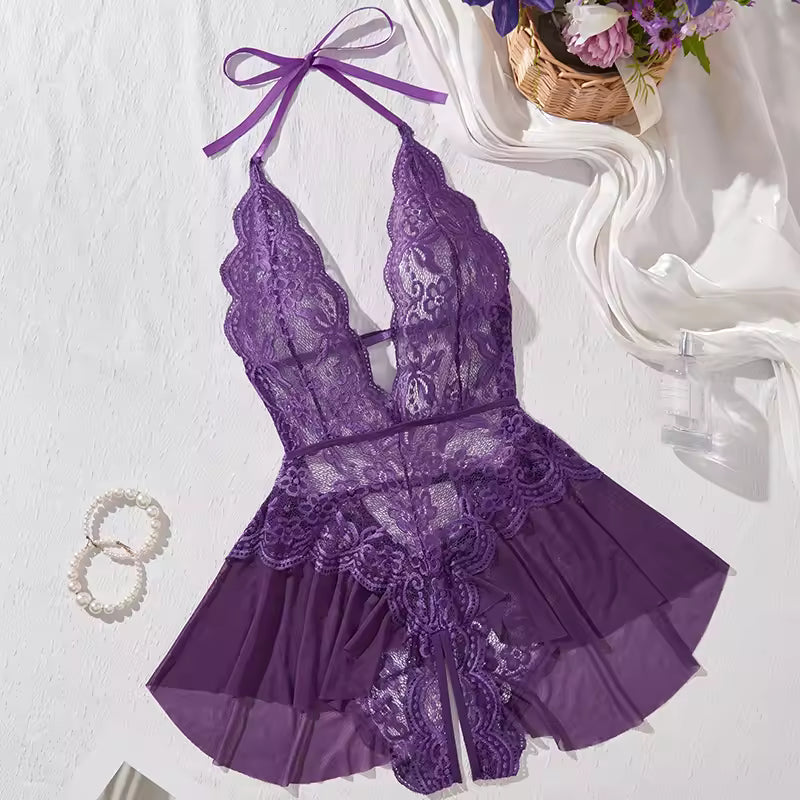 Sheer Lace Teddy Bodysuit for Women | Backless Halter Babydoll Nightwear