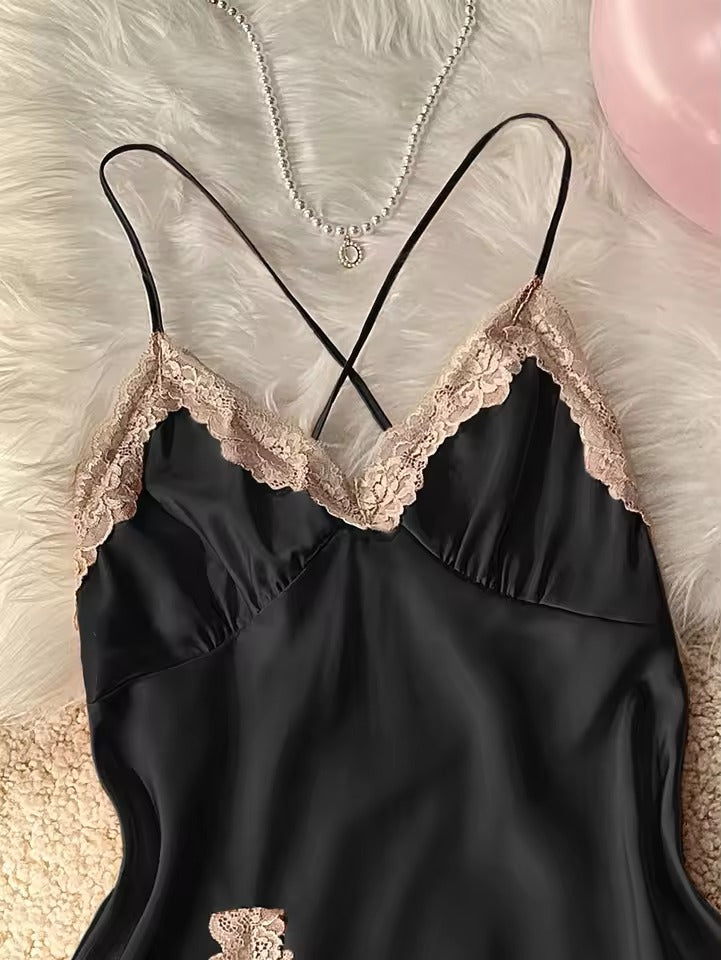 Women Satin Lace V-Neck Nightdress – Sexy Back Lounge Sleepwear