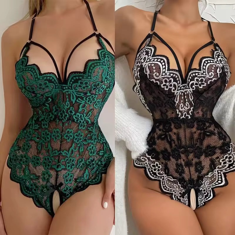 Sheer Lace Bodysuit Lingerie for Women | Open-Front Detail One-Piece Nightwear