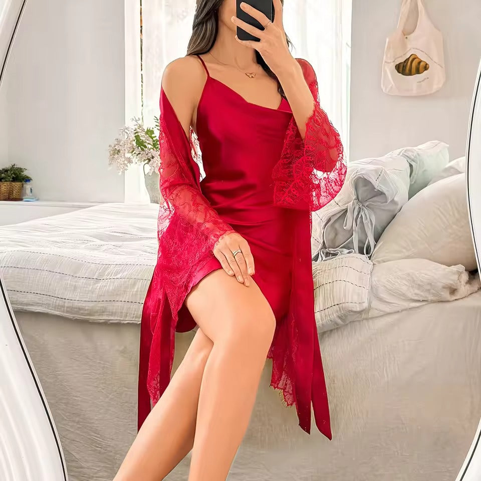 Satin Nightgown with Lace Robe – Women Two-Piece Sleepwear Set