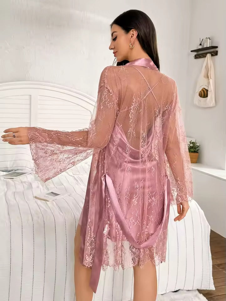 Satin Nightgown with Lace Robe – Women Two-Piece Sleepwear Set