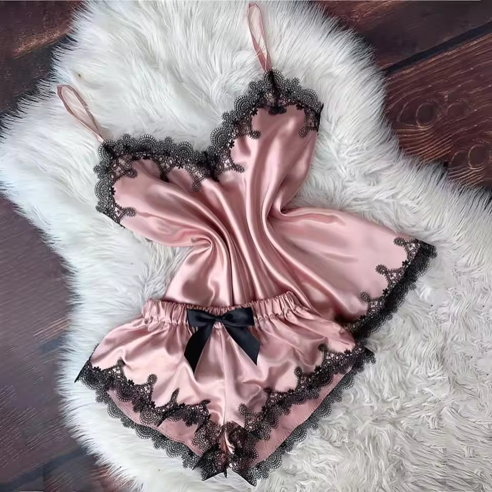 Women’s Satin Pajama Set | Cami Top & Bow Shorts Sleepwear