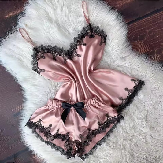 Women’s Satin Pajama Set | Cami Top & Bow Shorts Sleepwear