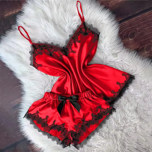 Women’s Satin Pajama Set | Cami Top & Bow Shorts Sleepwear