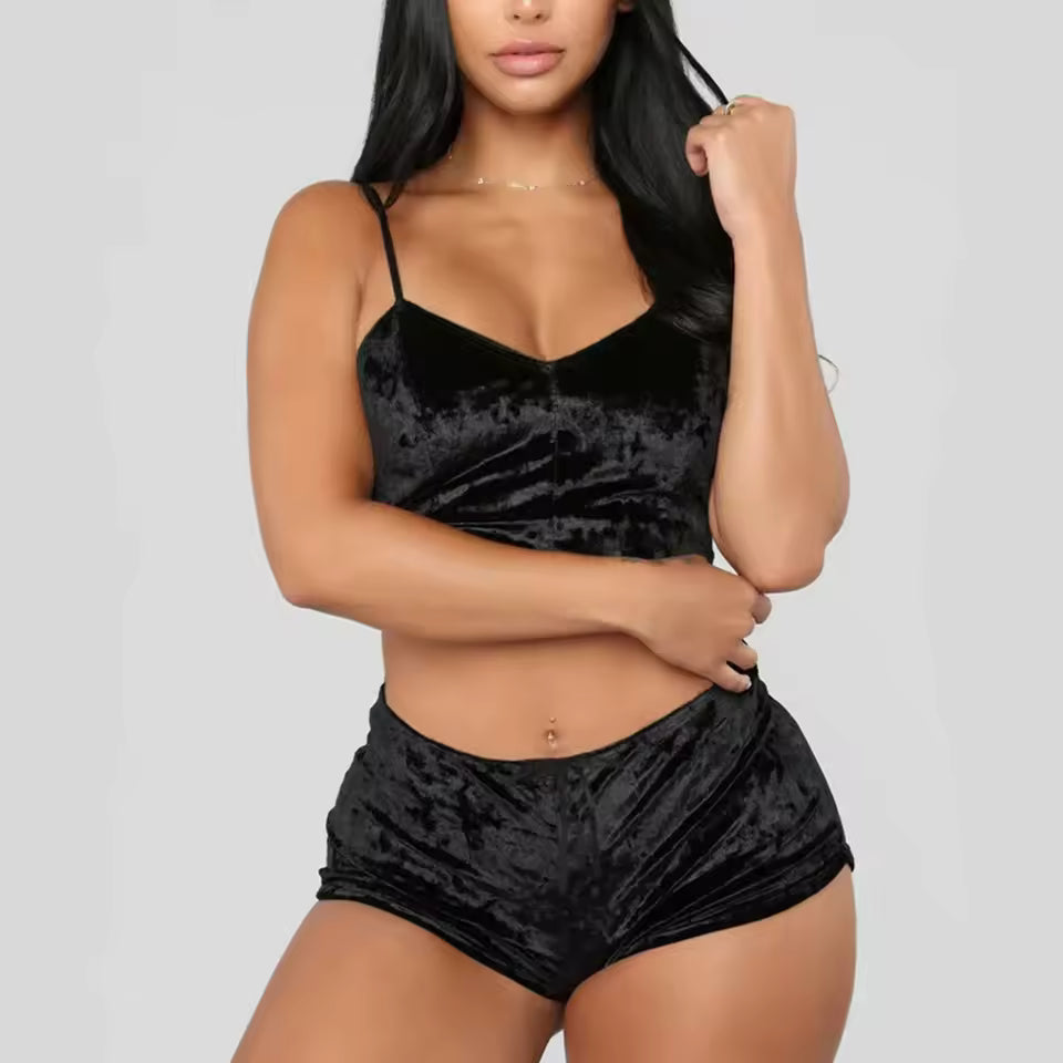 Women’s Velvet Pajama Set | 2-Piece Crop Top & Shorts Nightwear