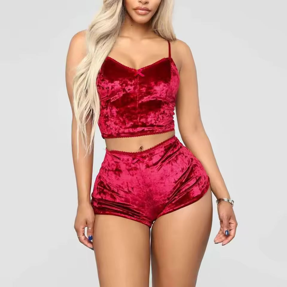 Women’s Velvet Pajama Set | 2-Piece Crop Top & Shorts Nightwear