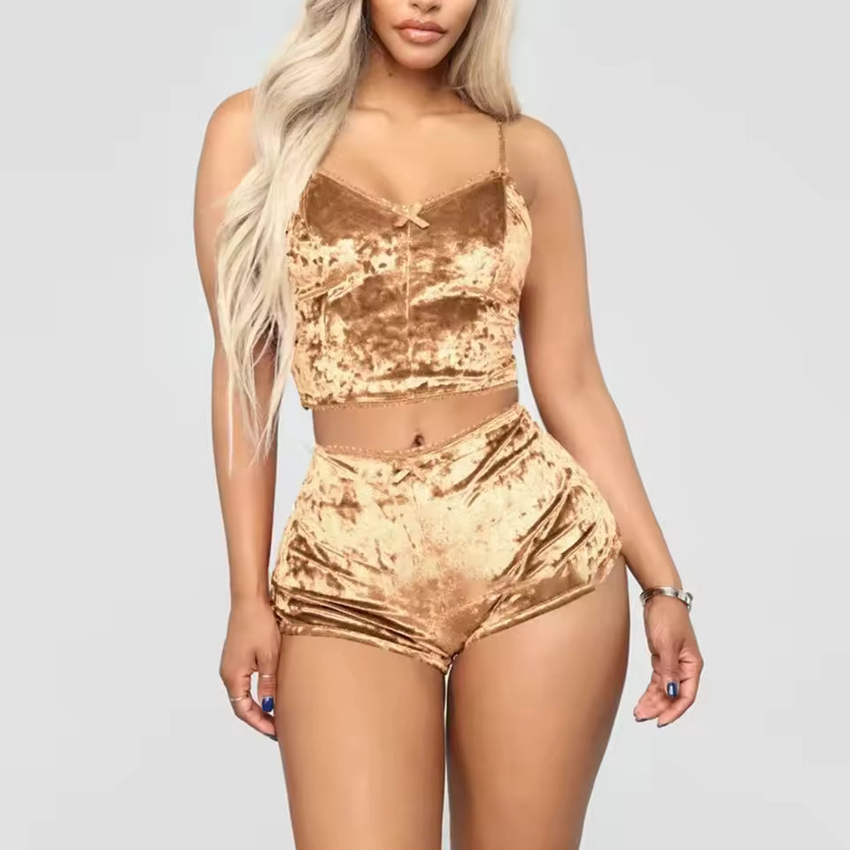 Women’s Velvet Pajama Set | 2-Piece Crop Top & Shorts Nightwear