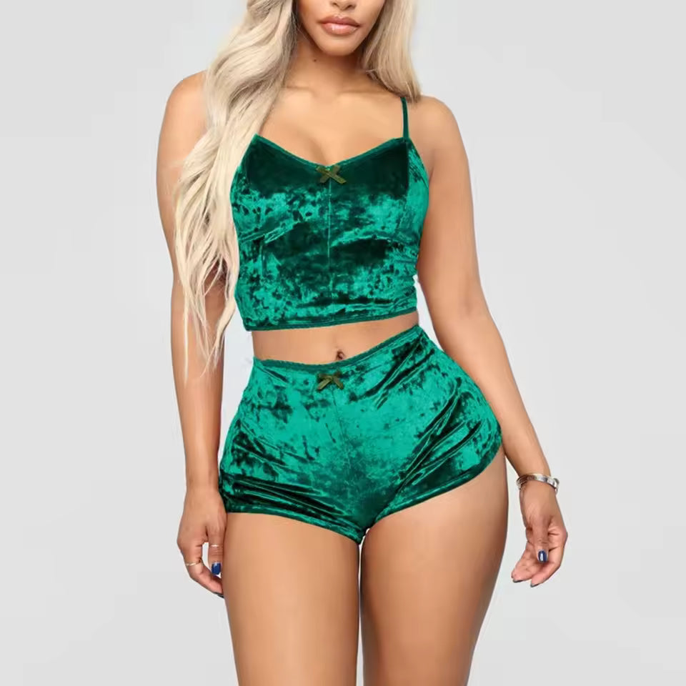 Women’s Velvet Pajama Set | 2-Piece Crop Top & Shorts Nightwear