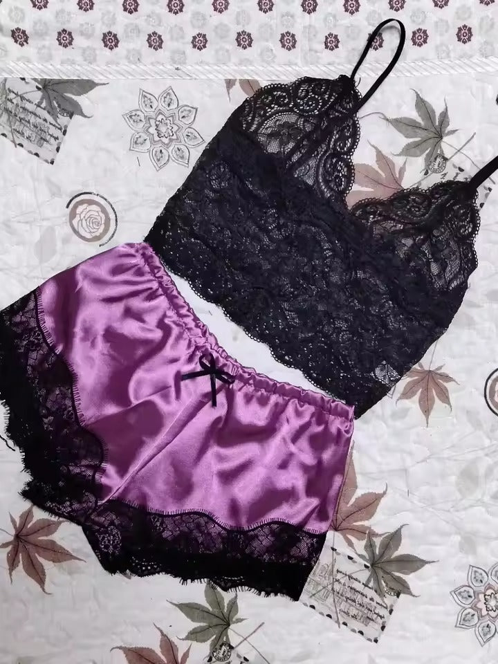 Women’s Sexy Lace Pajama Set | Sleeveless V-Neck Top & Shorts Nightwear