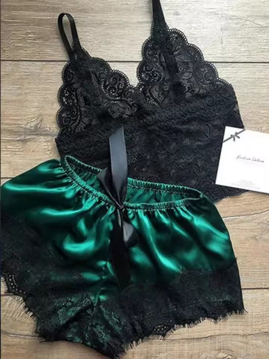 Women’s Sexy Lace Pajama Set | Sleeveless V-Neck Top & Shorts Nightwear