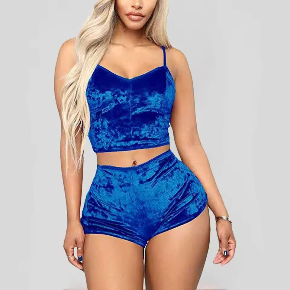 Women’s Velvet Pajama Set | 2-Piece Crop Top & Shorts Nightwear