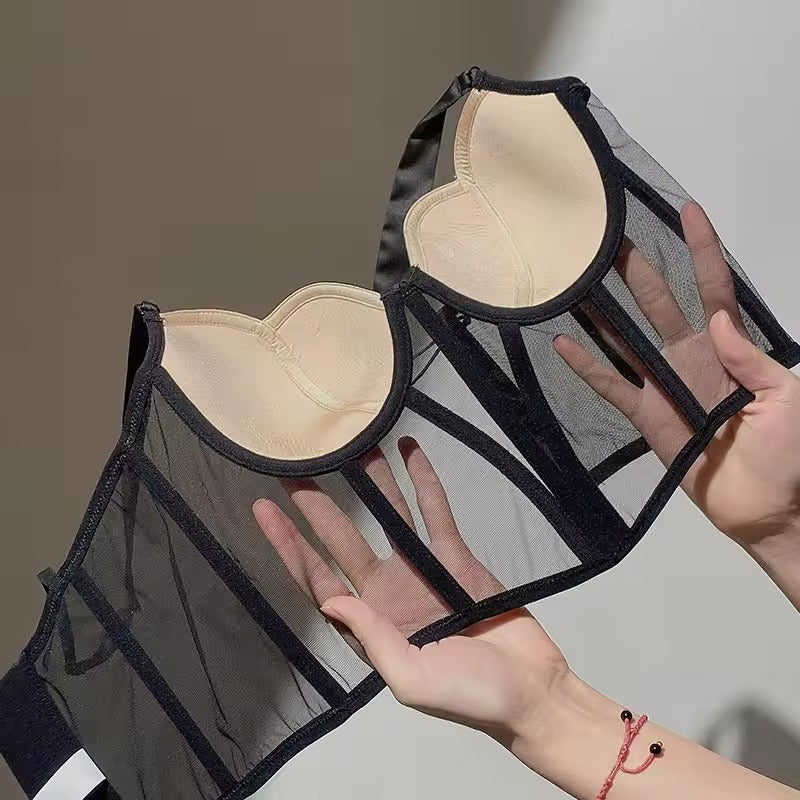 Women’s Sheer Lace Push-Up Bustier Bra – Transparent Corset Lingerie Top