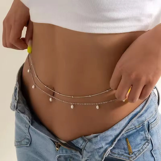 PearlGlow™ Double Layer Waist Chain – Summer Beach Body Jewelry