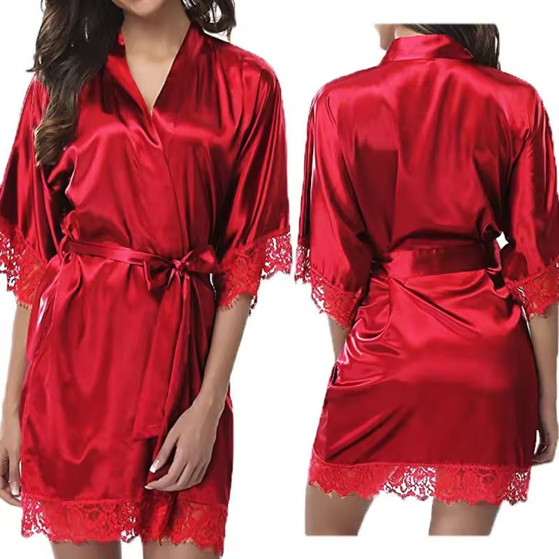 Women’s Satin Robe with Lace Trim – Elegant Silk-Look Pajama Sleepwear