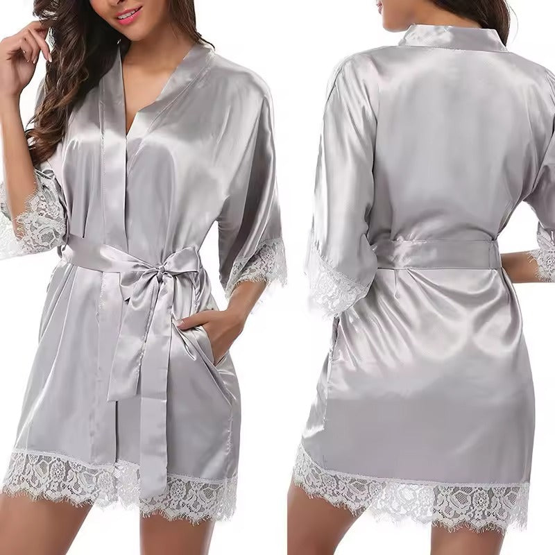 Women’s Satin Robe with Lace Trim – Elegant Silk-Look Pajama Sleepwear